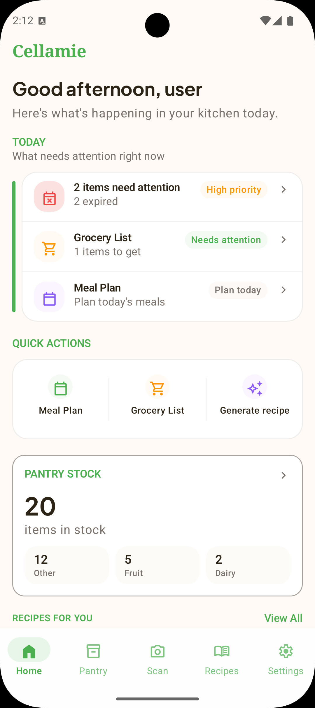 Cellamie Android home dashboard showing current inventory, expiring soon, grocery list, and category overview.