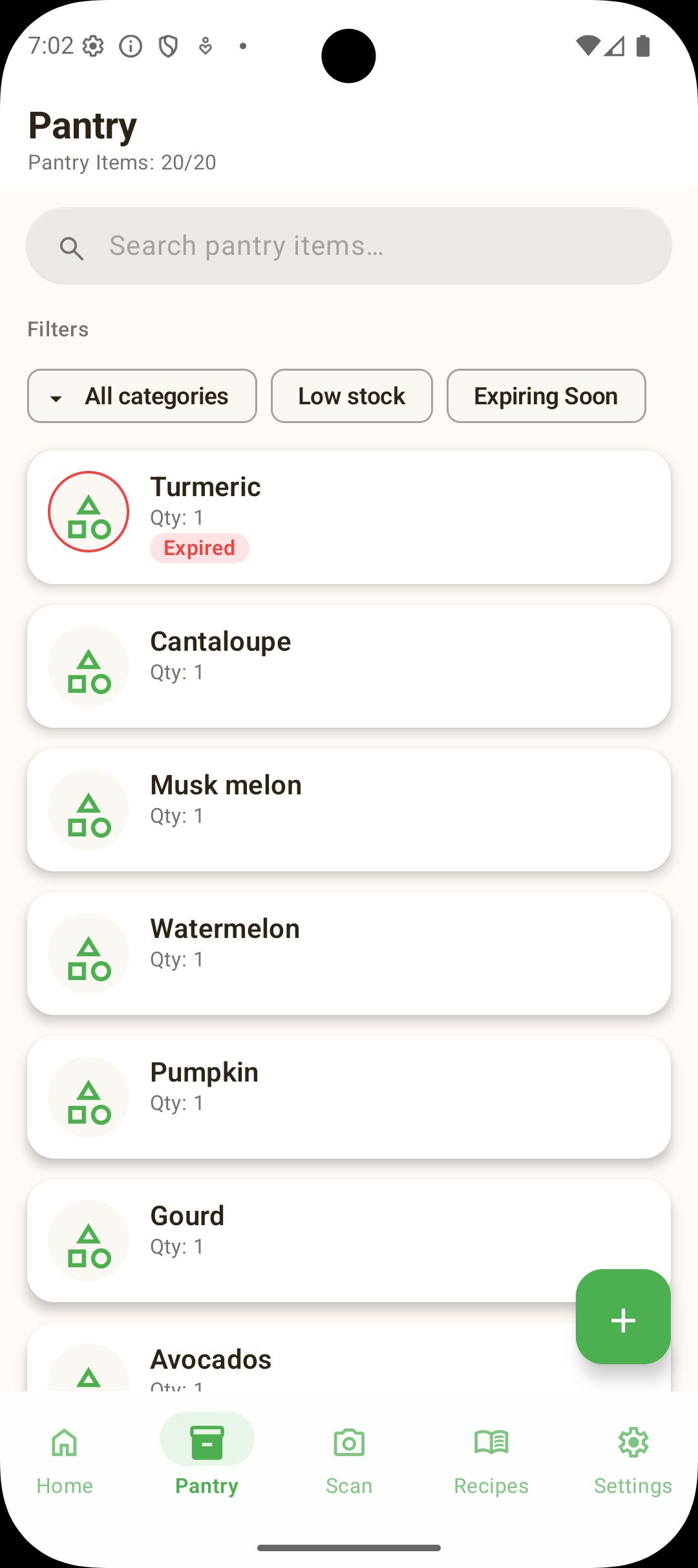 Cellamie Android pantry screen showing filters, pantry categories, and item inventory counts.