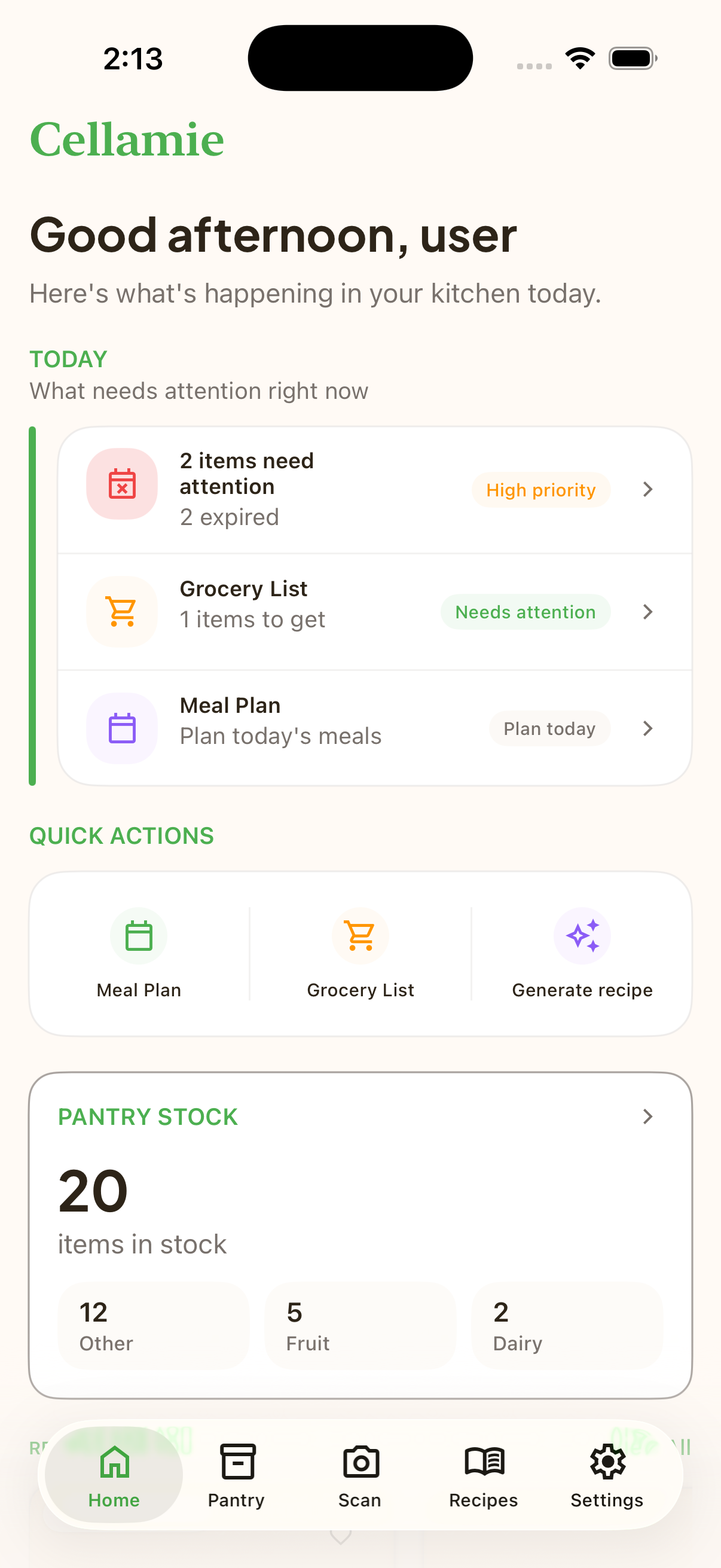 Cellamie iPhone home dashboard showing current inventory, grocery list, meal planner, and category overview.