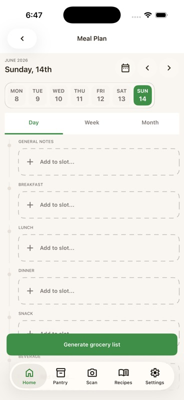 Cellamie iPhone meal planning screen showing a daily meal plan layout and recipe scheduling.