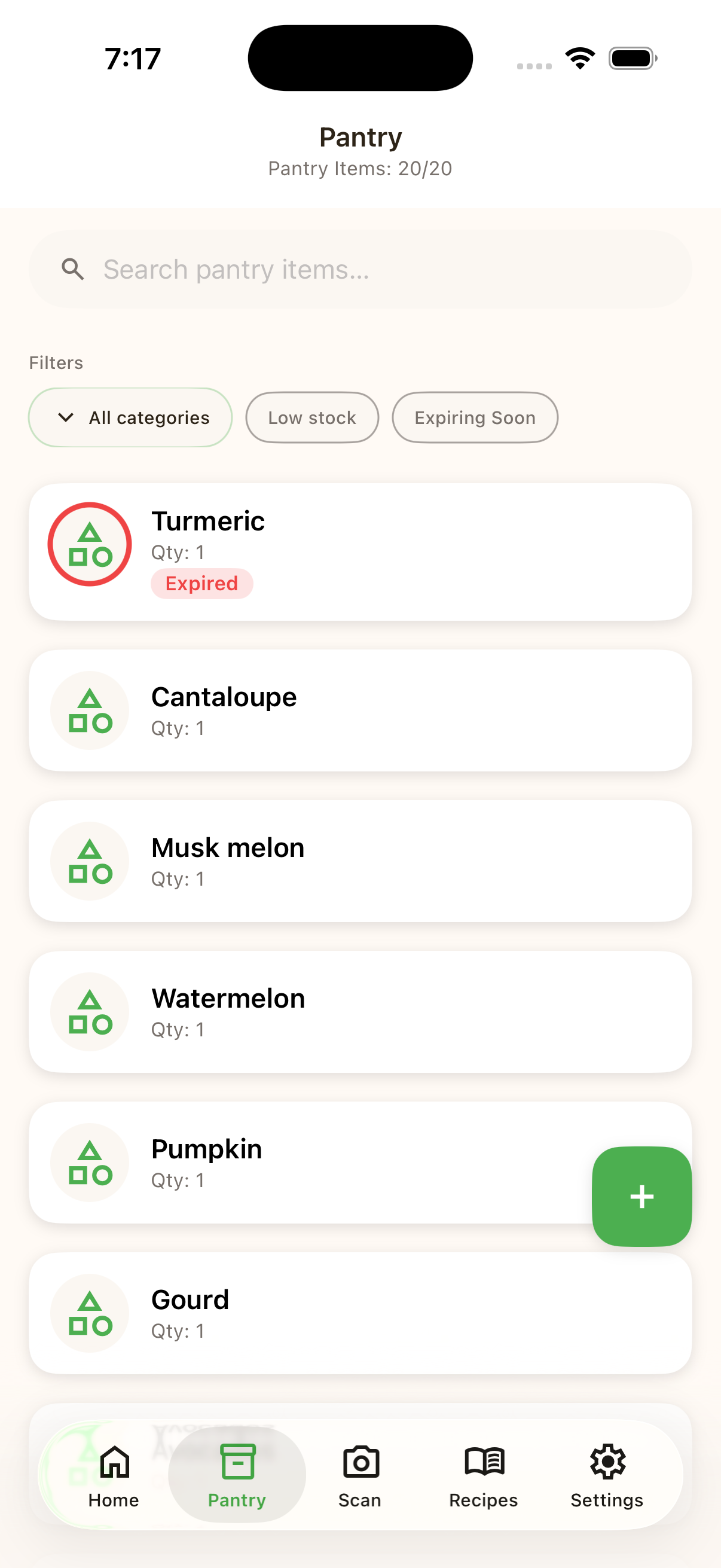 Cellamie iPhone pantry screen showing pantry filters, categories, and item status.