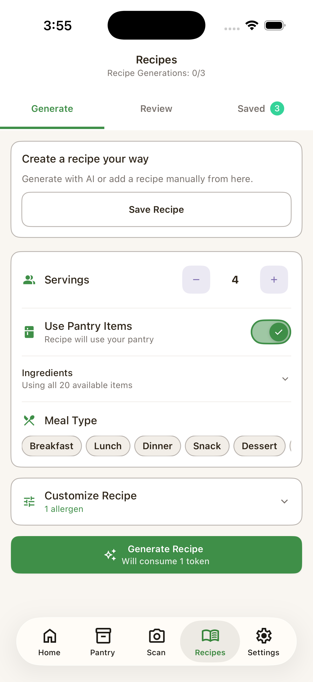 Cellamie iPhone recipe generation screen showing recipe ideas created from available pantry ingredients.